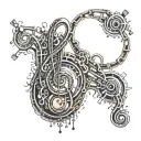 An abstract representation of music notes intertwined with a bike chain tattoo design idea