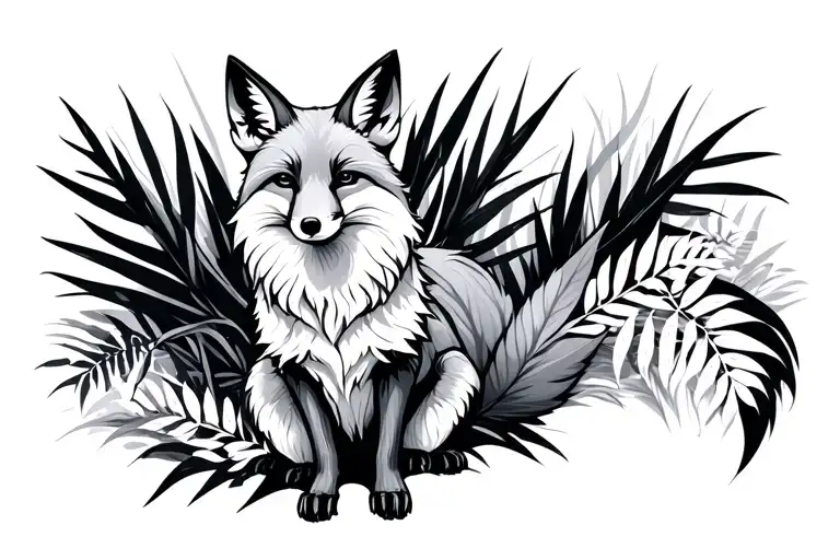black and white tribalized fox sitting tall upright with dense foliage behind tattoo design idea