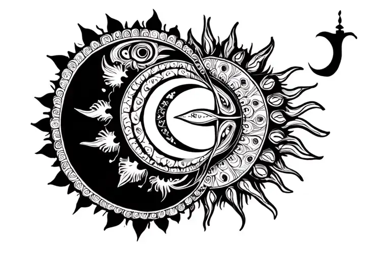 sun mandala in the middle crescent moon mandala on the left and balance mandala on the right  tattoo design idea