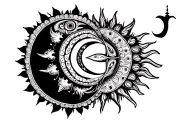 sun mandala in the middle crescent moon mandala on the left and balance mandala on the right  tattoo design idea