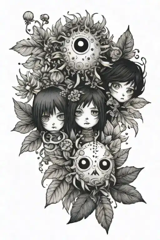 ghibli soot sprites with victorian botanicals tattoo design idea