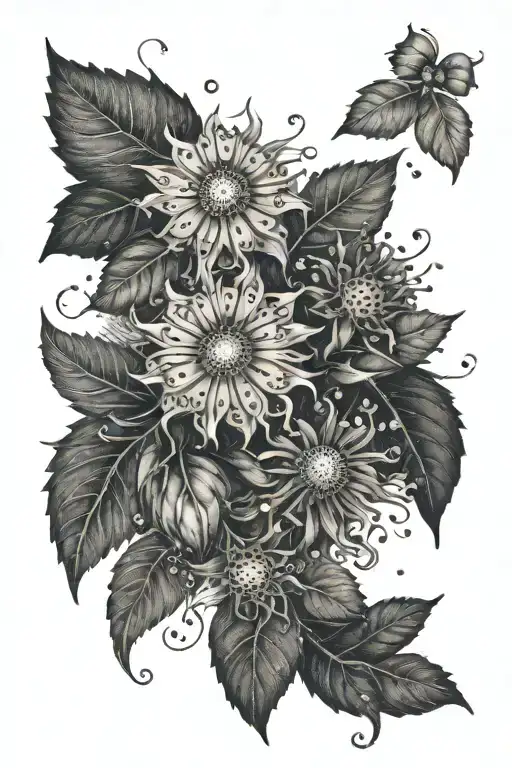 soot sprites with victorian botanicals tattoo design idea