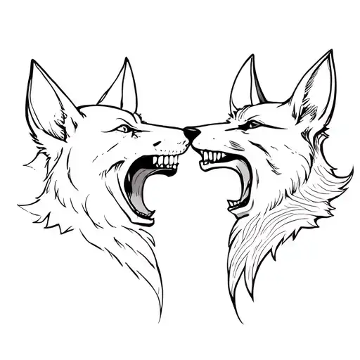 two foxes heads yelling at each other. One is a skull the noise is visible tattoo design idea
