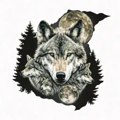 wolf head with 2 cubs in a forest and moon tattoo design idea
