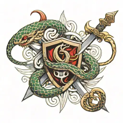 Two snakes coilde around a sword with a shield in the background  tattoo design idea