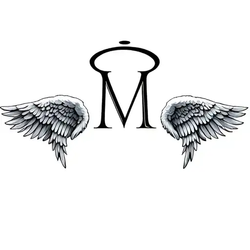 two angels wings and beetween them letter M. And above the letter M Is halo. tattoo design idea