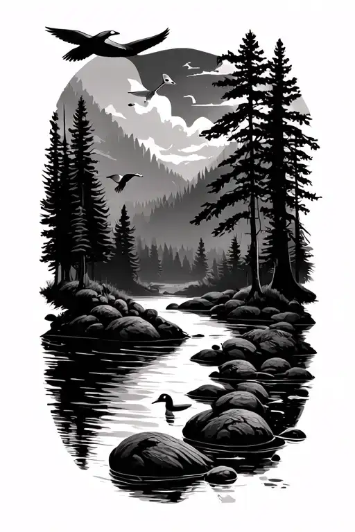 forest landscape with river flowing and ducks flying tattoo design idea