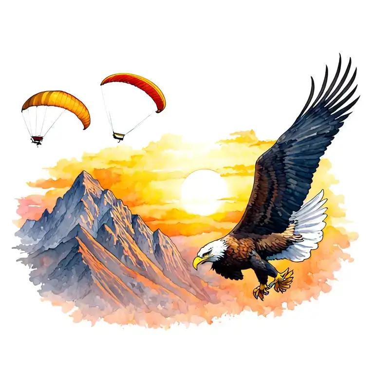 An eagle flies into the sunset in front of a mountain and is accompanied by a paraglider. tattoo design idea