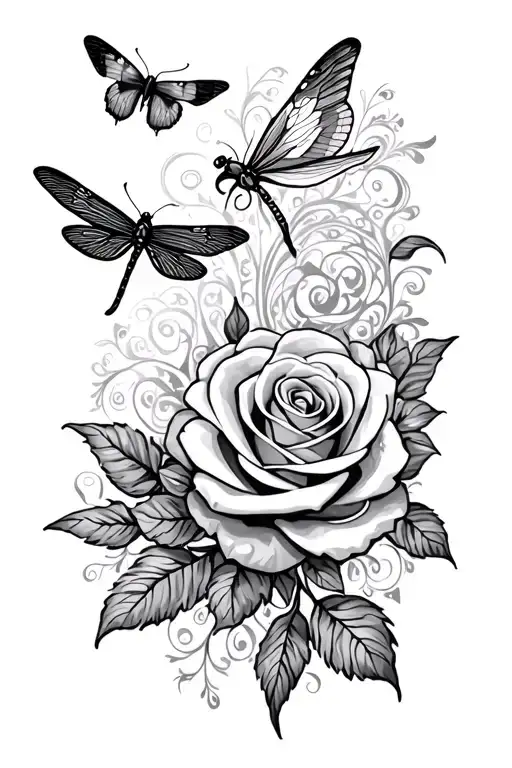 filigree, rose's, dragonflies, butterflies tattoo design idea
