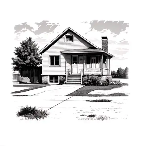 extremely realistic 70s house with a sky and yard tattoo design idea