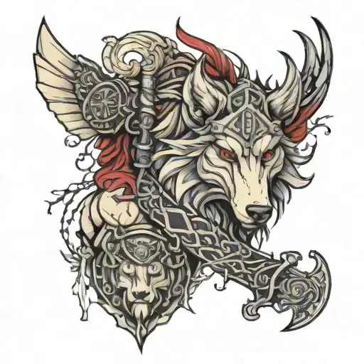 loup avec guerrier viking  en incluent les prenoms TYMEO MAELY ISABELLE tattoo design idea