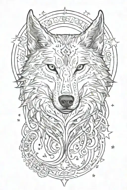 half wolf head with one wing and moon sun stars tattoo design idea