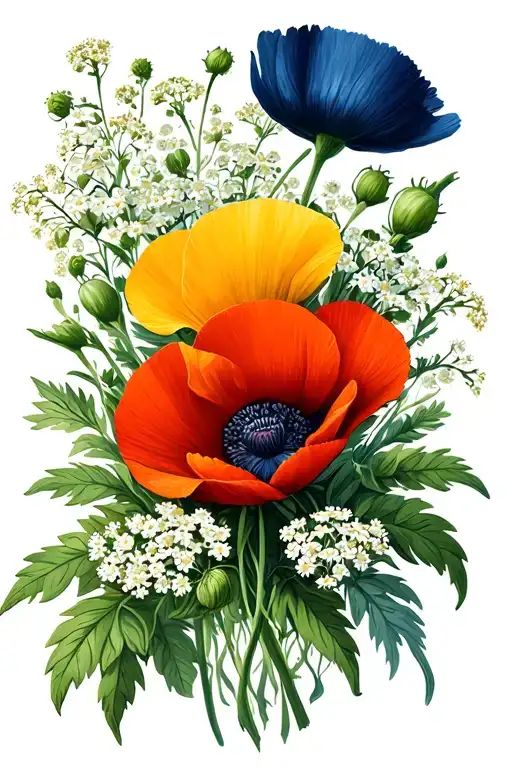 Symmetrical poppy and yarrow flower arrangement with foliage in the background tattoo design idea