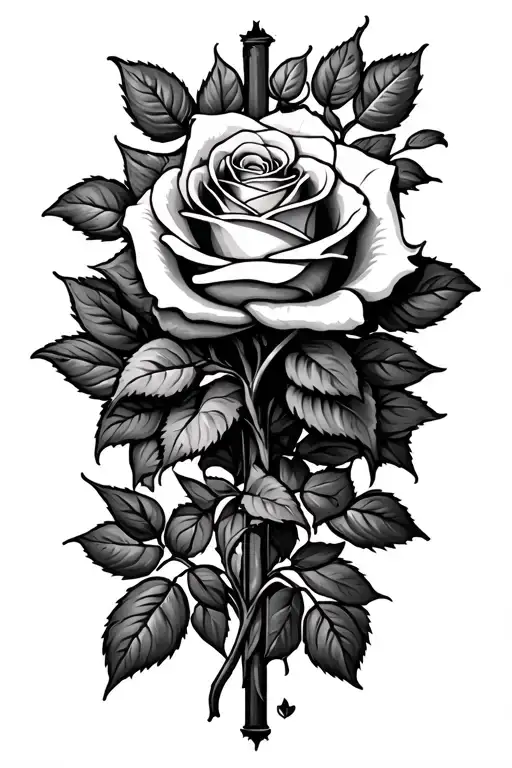 rose with stem wrapped around cross  tattoo design idea