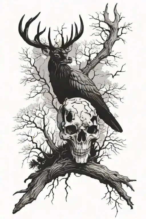 deer skull, crow on a stump, trees in the background, leaves in foreground tattoo design idea
