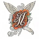 cursive j with angel wings spread wide tattoo design idea