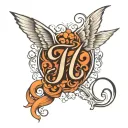 cursive j with angel wings spread wide tattoo design idea