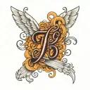 cursive j with angel wings spread wide tattoo design idea