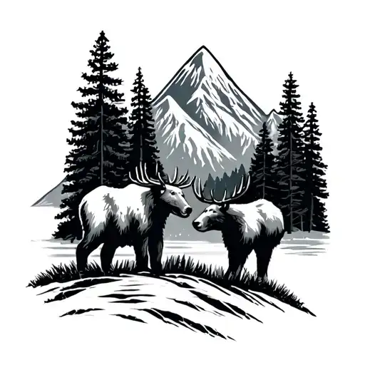 pine forest with mountains and a elk and a bear tattoo design idea