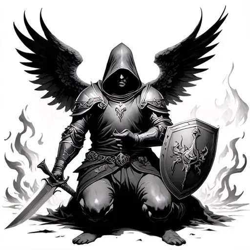 Kneeling hooded man with armour and wings holding a sword and shield with burning kingdom background tattoo design idea