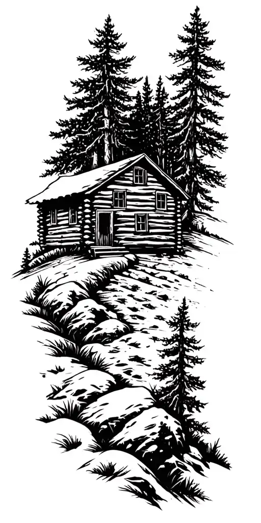 A Mountain Trail, With A Log Cabin... tattoo design idea