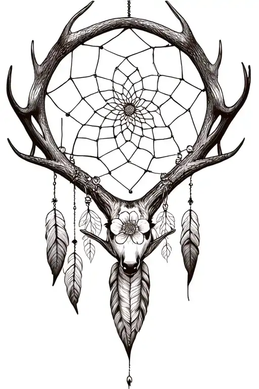 dream catcher entangled floral and deer antlers intertwined tattoo design idea
