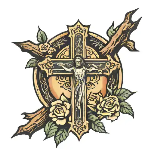 wood cross with Jesus on it with the thorn crown tattoo design idea