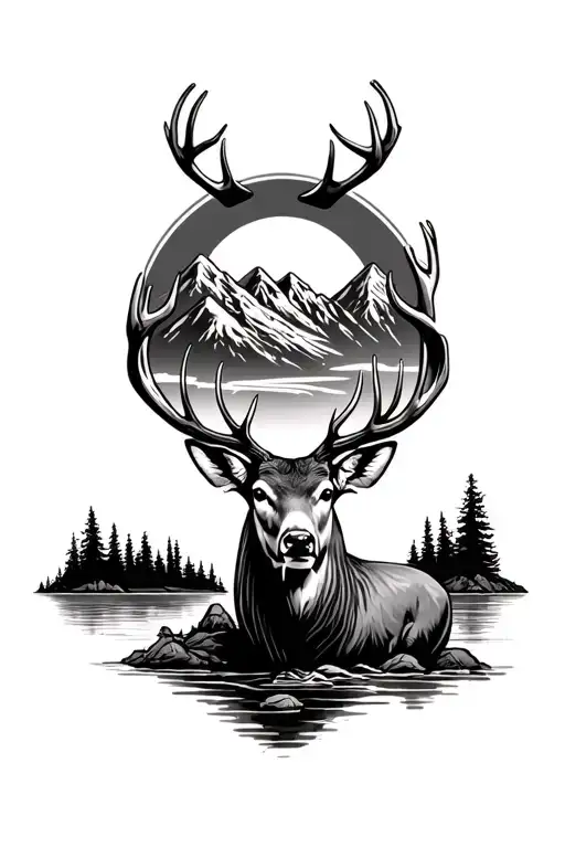 deer walleye fishing mountain landscape tattoo design idea