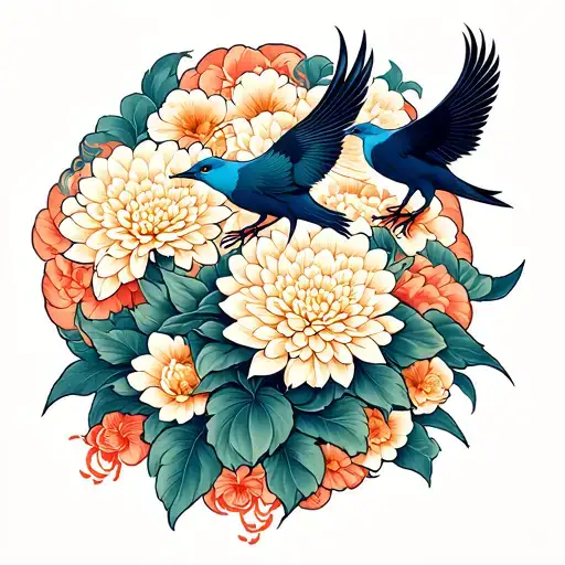 Chrysanthemum in the background, powerful bull, two elegant birds, Thors Hammer tattoo design idea