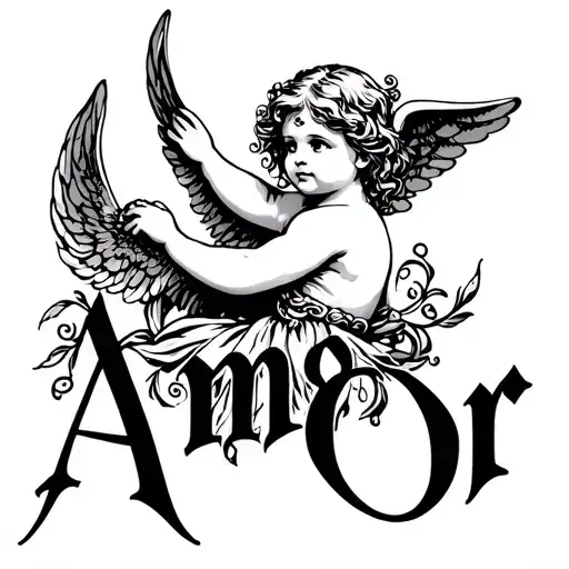 minimalis tatoo desing of the word "amor" in elegant curdive with a delicate angel or cherub, fine line art, suitable fo tattoo design idea