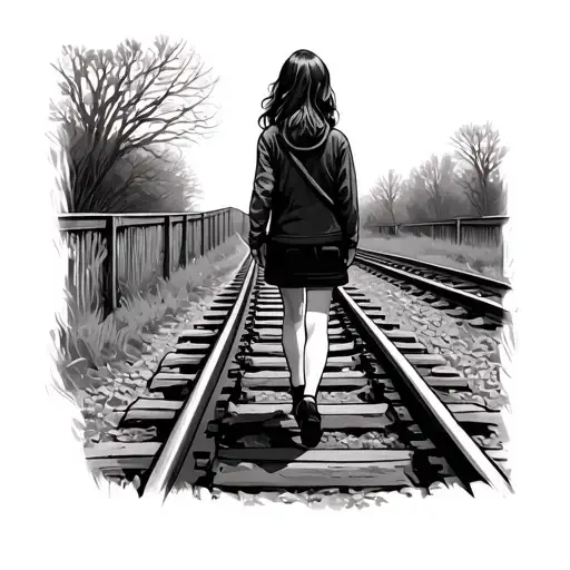 young girl walking on train tracks tattoo design idea