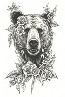 bear face with roses, daffodils, hazel leaf and holly plant going around its face and leading out at the top and bottom  tattoo design idea
