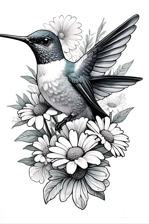 hummingbird with daisies and sweet peas tattoo design idea