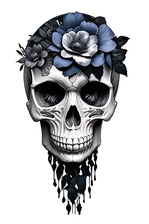 skull flowers and raven tattoo design idea