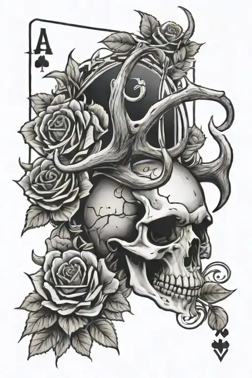 skull and roses and playing cards buck deer skull tattoo design idea