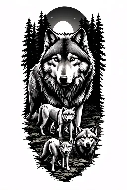 dense forest with for wolves coming out of it two bigger wolves in the front male and female and two young wolves trail  tattoo design idea