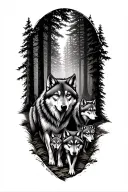 dense forest with for wolves coming out of it two bigger wolves in the front male and female and two young wolves trail  tattoo design idea