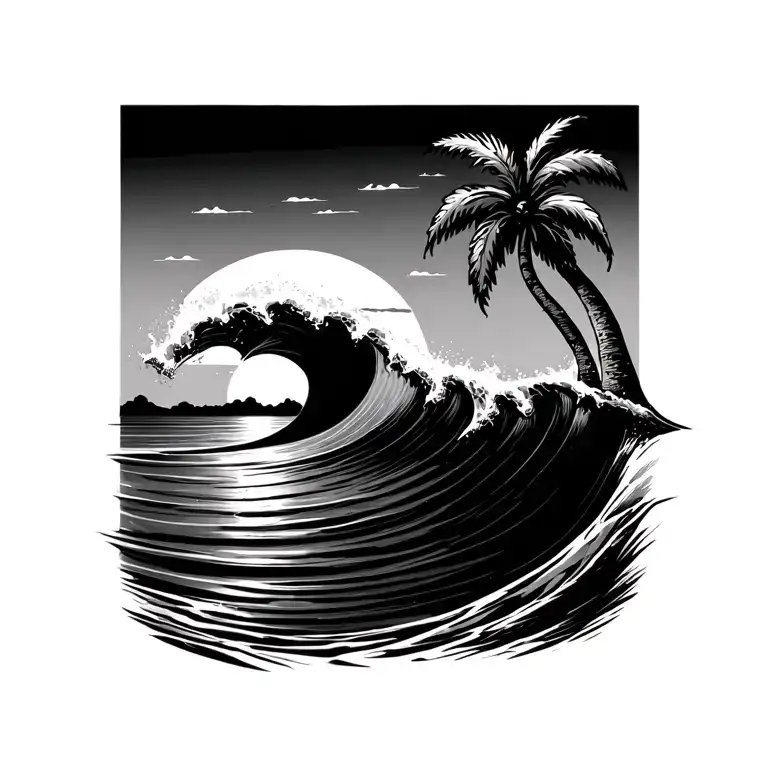 depicts a stylized ocean wave cresting next to a silhouetted palm tree with the sun setting on the horizon. tattoo design idea