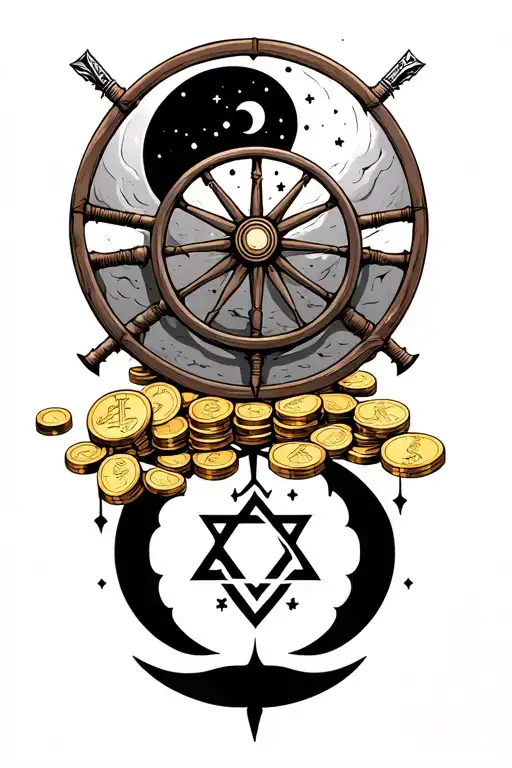 main focus on a wagon wheel and surrounding elements of gold coins, moon phases, dagger and Star of David  tattoo design idea