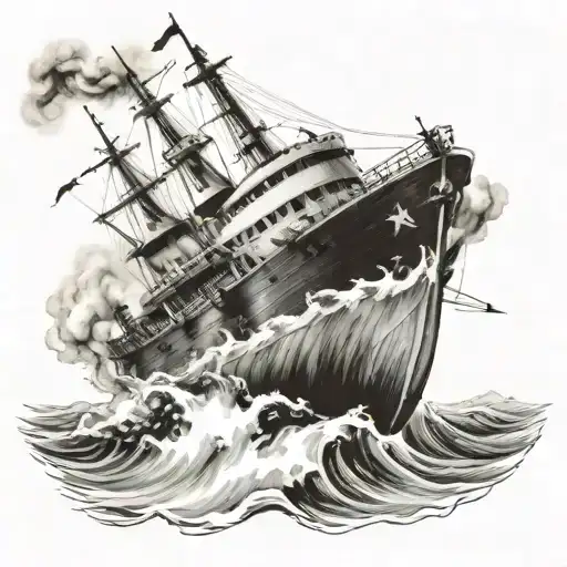burning sinking ship tattoo design idea