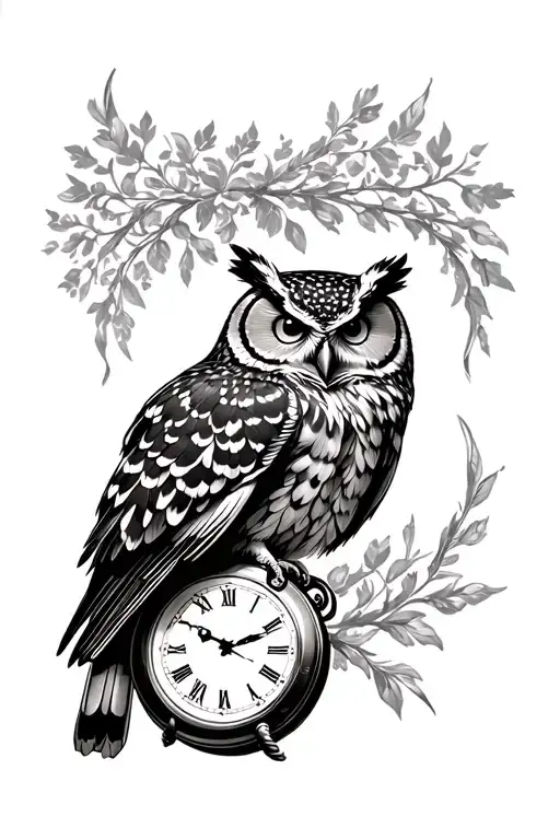 mechanical Great Horned Owl perched on a pocket watch. tattoo design idea