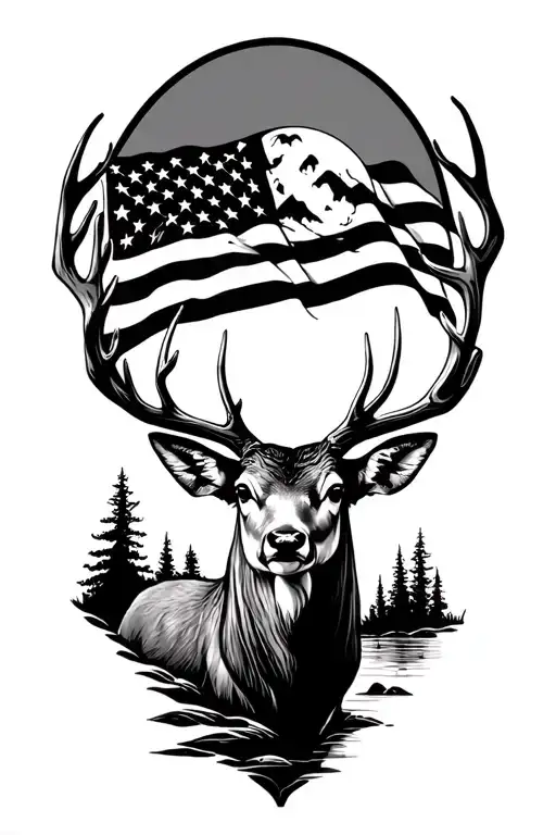moon lite mountain stream, old u.s flag mule deer, not all who wonder are lost  tattoo design idea