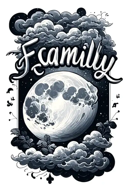 the word Family with a moon and clouds surrounding tattoo design idea