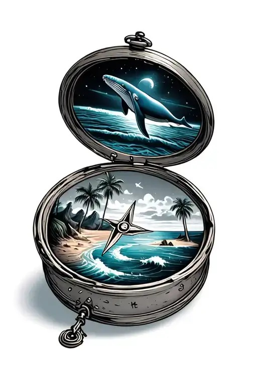 Compass with 4 pictures inside. 1 picture a whale, 2 image polar lights, 3. Picture Klippem by the sea, 4th picture desert with palm trees tattoo design idea