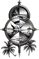 Compass with 4 pictures inside. 1 picture a whale, 2 image polar lights, 3. Picture Klippem by the sea, 4th picture desert with palm trees tattoo design idea