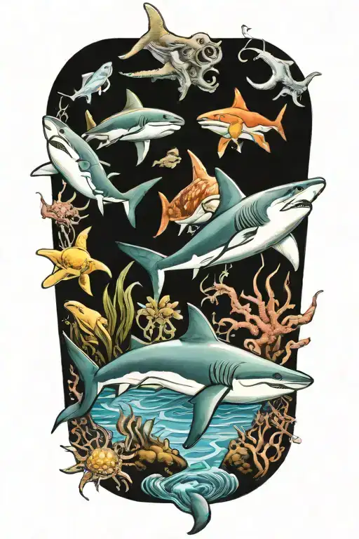 seaworld with sharks and octopuses tattoo design idea