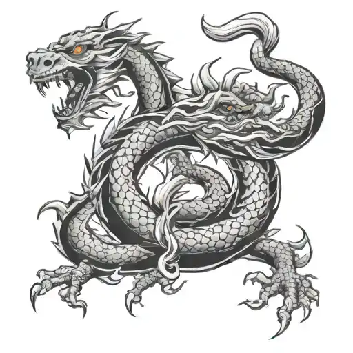 "Create a tattoo sketch in Japanese style for the right arm. Main elements:  A curved dragon wrapping around the arm, st tattoo design idea