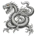 "Create a tattoo sketch in Japanese style for the right arm. Main elements:  A curved dragon wrapping around the arm, st tattoo design idea