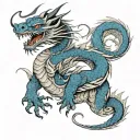 "Create a tattoo sketch in Japanese style for the right arm. Main elements:  A curved dragon wrapping around the arm, st tattoo design idea