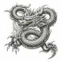 "Create a tattoo sketch in Japanese style for the right arm. Main elements:  A curved dragon wrapping around the arm, st tattoo design idea